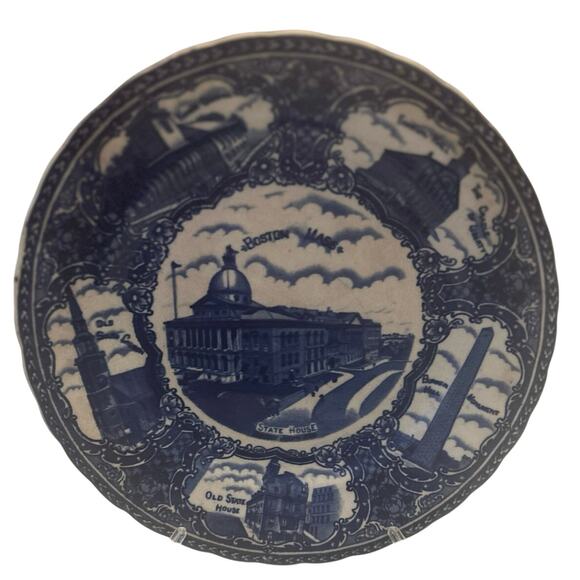 Vintage cobalt Souvenir Boston MA State House olde blue plate co Flowe Scalloped - Picture 1 of 11